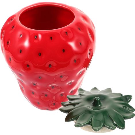 Rotes, erdbeerförmiges Keramik-Vorratsglas mit Deckel, Lebensmittelbehälter zum Frischhalten von Lebensmitteln, als Bürodekoration oder zum Aufhängen als Geschenk (1/5)