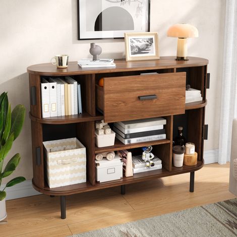 Meuble TV deux niveaux avec portes coulissantes, commode rangement, buffet bas pour salon, étagère de stockage, armoire coulissante (1/5)