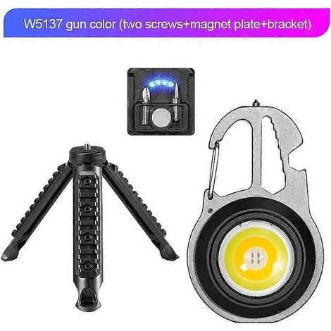 Mini lampe de travail LED multifonctionnelle, marteau brise-vitre, clé, petit ouvre-bouteille, porte-clés, lampe torche, lampe de camping portable, gris - Support magnétique (1/5)