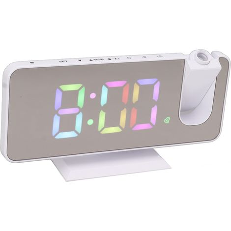 Réveil miroir numérique avec grand écran, projection de couleurs dégradées RGB, blanc, idéal pour la maison et la chambre.