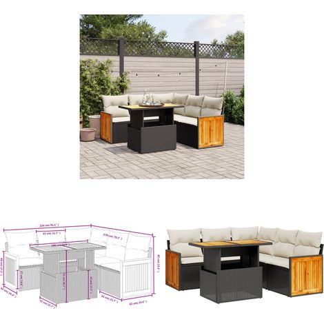 Salon de jardin 6 pcs avec coussins noir résine tressée - Ensemble Salon De Jardin - Mobilier Extérieur - Résine Tressée - Rotin Synthétique - Table Extensible - Home & Living (1/3)