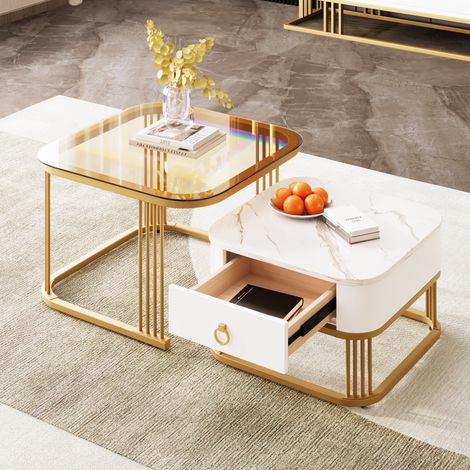 DESMIU Table Basse Modulaire 2 Pièces avec Tiroirs, Plateau Effet Marbre Brillant et Verre Brun pour Salon (1/5)