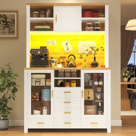 Buffet de cuisine 120x40x188 cm, meuble de rangement multifonction avec éclairage LED, 6 tiroirs et 4 portes, grand espace de stockage, MDF, blanc (1/5)