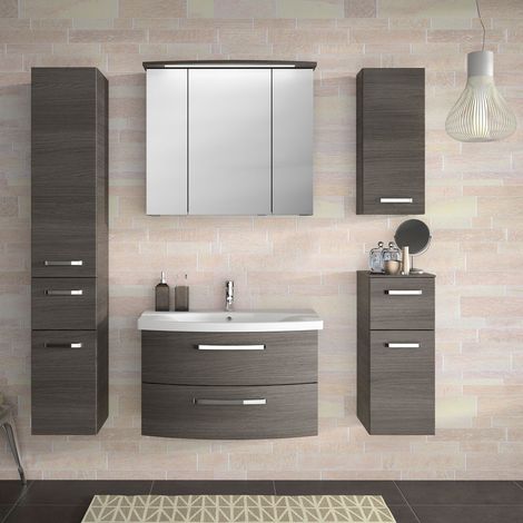 Komplettset Badmöbel im Dekor Graphit Struktur quer FES-4010-66 mit gerundetem Waschtisch und Soft-Close - B/H/T: 174x200x46cm (1/5)