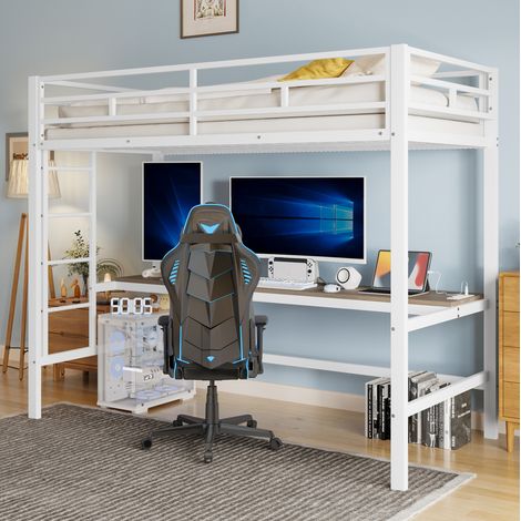 MODFU – Cama alta infantil 90x200 cm de metal/MDF con escritorio, LED 7 colores, enchufes USB/Type-C y barandilla – Blanco (1/5)