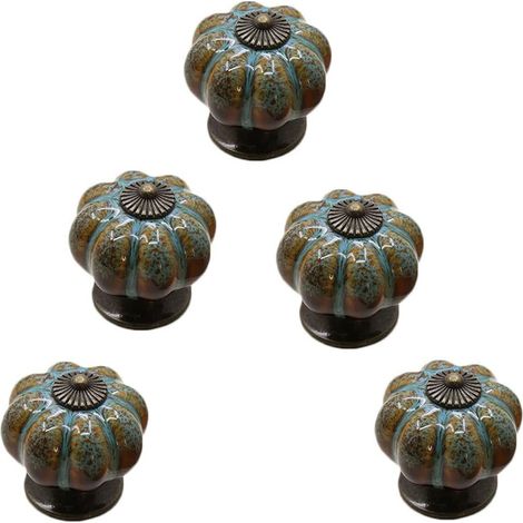 Set mit 5 Keramik-Schubladengriffen im europäischen Stil, Vintage-Möbelknöpfe in Kürbisform, blau, mit Schrauben