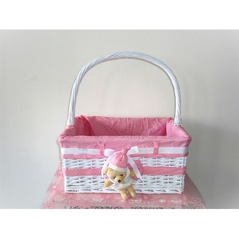 Cesta in vimini con orsetto e manico rosa 41 x 41 cm