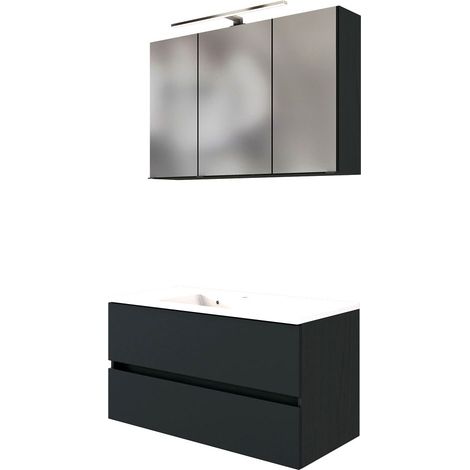 Badmöbel Waschplatz-Set 100 cm inkl. LED Spiegelschrank ARLON-03 matt grau BxHxT 100x200x55 cm (1/5)