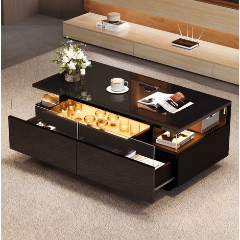 tavolo soggiorno 90x45 LED con cassetti vassoio nero OKMYHOME (1/5)