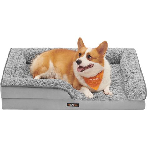 Panier pour Chien, Lit pour Animal, Orthopédique, Mousse Alvéolée, Bords Surélevés Rembourrés, Housse Amovible en Tissu Peluche aux Motifs Roses, 91 x 68 x 16 cm, Gris Tourterelle