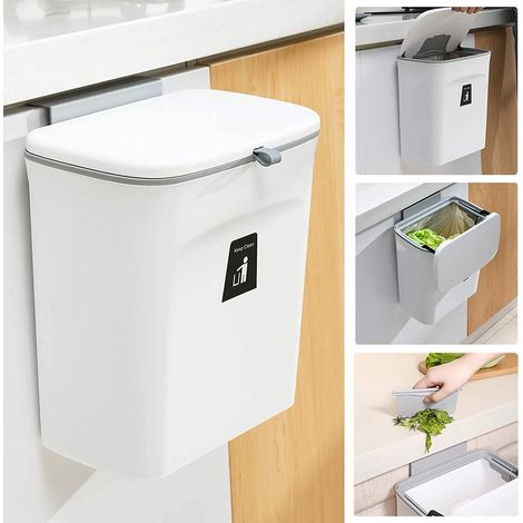 Poubelle Suspendue Cuisine avec Couvercle, 9L Poubelle Murale Cuisine, Poubelle Camping Car Suspendu pour Portes d'armoires Placard Salle de Bain 29.51626cm Blanc (1/5)