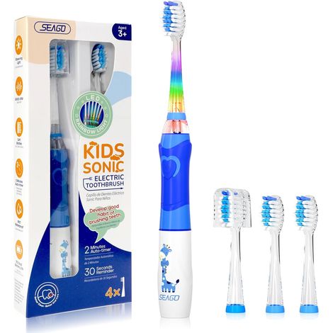 brosse à dents électrique enfant avec LED colorée, minuteur 2 Min, 4 têtes remplaçables, brosse a dent enfant pour 3-12 ans, SG977 (Bleu) (1/5)