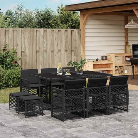 11-tlg. Garten-Essgruppe mit Kissen Schwarz Poly Rattan (1/5)
