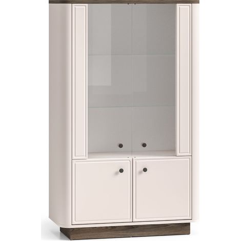 Selsey Vilavio – Vitrine niedrig, 4-türig mit LED, Kaschmirgrau/Eichenoptik Dunkel, 92 cm