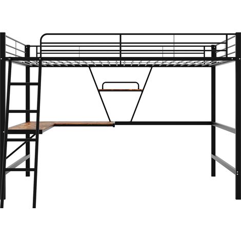 Cama alta de metal 90 x 200 cm con escritorio en L y estante, negro (1/5)