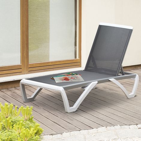 Transat avec dossier inclinable et roulettes arrière. 195 x 67,5 x 33 cm. Gris et blanc. (1/5)