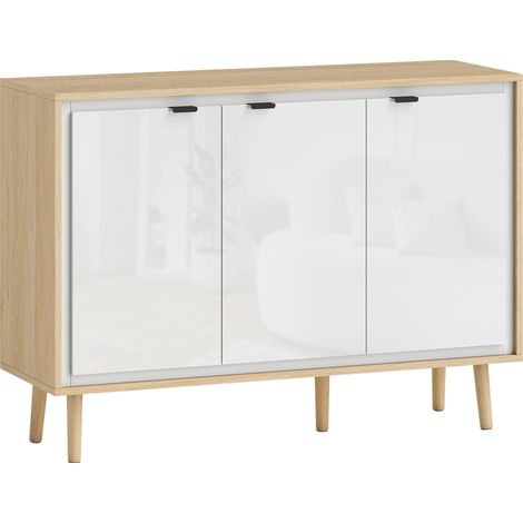 Credenza Moderna 107x35x77 cm a 3 Ante con Ripiano Regolabile Bianco Lucido e Rovere