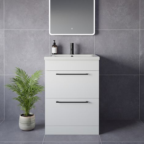Napoli 460 Gloss White 600mm 2 Drawer Vanity Unit with Glide Basin - 600mm - Matt Black 320mm Handle