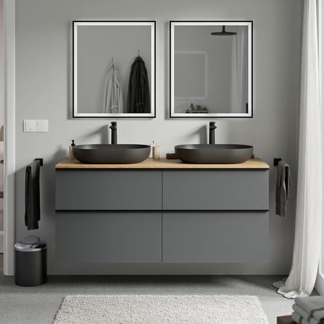 Waschtischunterschrank Bernstein LAVOA 120 cm für Aufsatzwaschbecken - Korpus Anthrazit matt, Metallgriff Chrom, Waschtischplatte Eiche Honiggold