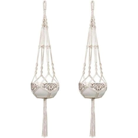 Pair 2er-Pack 105 cm weiße Makramee-Pflanzenampeln aus Baumwollseil für Blumentöpfe, geeignet für drinnen und draußen, zur Wanddekoration auf Balkon oder Garten im Boho-Stil.