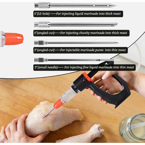 lalago Seringue Alimentaire Semi-Automatique, Seringue Viande avec Kit Aiguilles et Tuyau, avec 3 Quantités D'injection, Injecteur de Marinade pour Barbecue, Bœuf, Poulet, Bacon (Set A) (1/4)