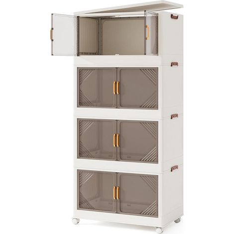 Montage sans outils boîte de rangement 4 niveaux avec roulettes, portes transparentes et design pliable (1/5)