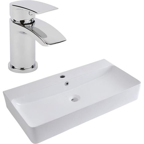 Milano Farington - Modern 800mm x 415mm White Ceramic Rectangular Countertop Wall Mounted Hung Bathroom Basin Sink - With Mixer Tap (1/5)