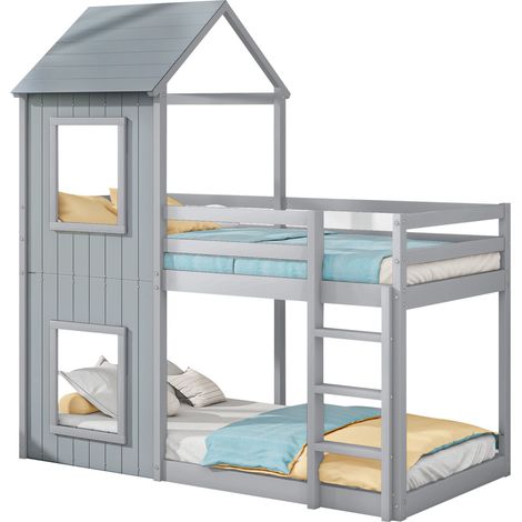 Lit superposé enfant en pin gris 90x200 cm avec échelle, barrière de sécurité et baldaquin, type cabane (1/5)