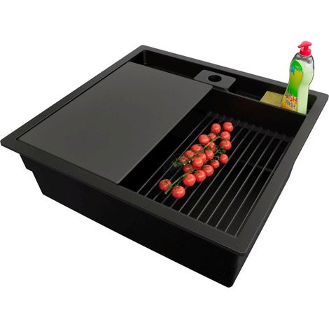 PRIMAGRAN Evier Cuisine en Granit 56x54cm,Lavabo 1 bac + Kit de Vidage + Accessoires, Évier à Encastrer au meuble 60cm - Bergen Pocket, Tout Noir (1/5)