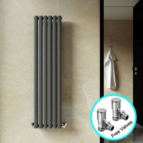 ELEGANT Designer Vertical Anthracite Radiator Oval Panel Radiator 1600x360mm Single + Chrome Angled Radiator Valve (1/5)