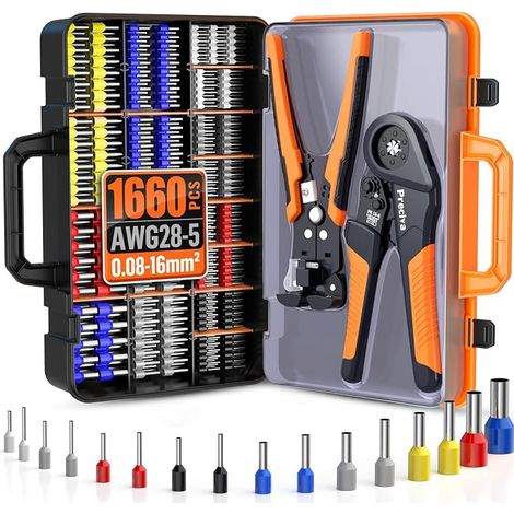 Kit Pince à Sertir avec Pince à Dénuder & 1660 Cosses, 0,08‑16 mm² (AWG28‑5)  Cosses Isolées et Non Isolées  Coffret Portable pour Travaux Électriques (1/5)
