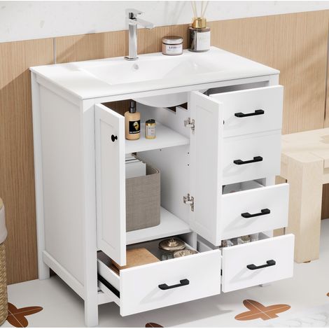 764682 cm, freistehender Badezimmerwaschtisch, komplett lackiert, mehrere Schubladen zur Aufbewahrung, verstellbare Regalböden, integriertes Keramikwaschbecken, weiß. (1/5)