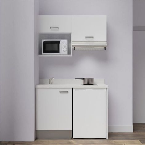 Kitchenette K02L - 120 cm avec plan monobloc, emplacement frigo, hotte et micro-ondes-Blanc-Snova-évier à gauche (1/4)