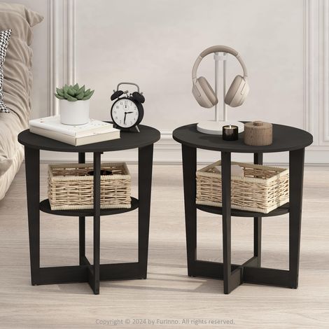 Table de Chevet Set de 2, Table de Chevet Ovale 2 Niveaux avec Plateau aux Bords Arrondis, Table d'Appoint à Étagère Ouverte, pour Chambre, Salon, Noyer (1/5)