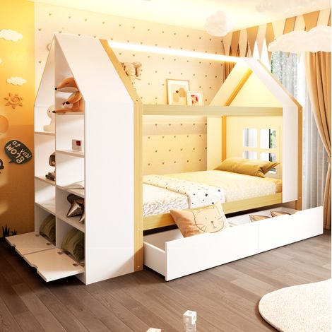 Kinderhausbett 90 x 200 cm mit 2 Schubladen, LED und Stauraum, weiß und Naturholz HAVRYA (1/5)