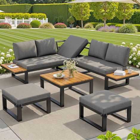 Salon de Jardin avec 1 Canape d'angle, 1 Table Basse et 2 Poufs, Dossier Reglable, Acier et Bois Composite, Gris (1/5)