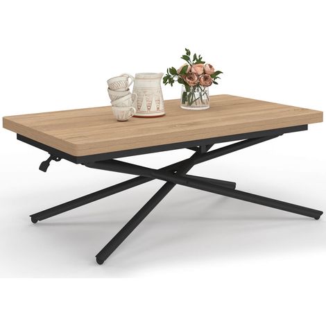 Table basse 2 en 1 relevable en table à manger rectangulaire ALIX 100 cm bois et noir (1/5)