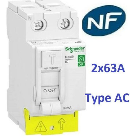 Disjoncteur 1P+N 2A - 10A - 16A - 20A - 32A et Interrupteur dif A ou AC 2x40A ou 2x63A Schneider Rési9-XP Matériel: Inter Diff AC 2x63A