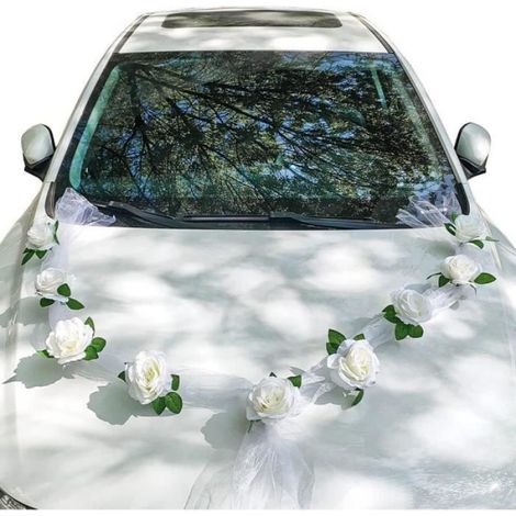 Kit de décoration voiture - Mariage - Guirlande roses blanches - Ruban tulle blanc - Mixte - Élégant (1/5)