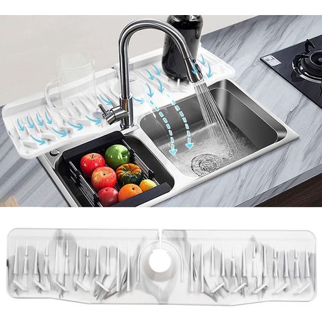 Protection anti-éclaboussures pour évier de cuisine 60 x 15 cm plus long avec motif marbré, tapis de robinet en silicone incliné à 10°, tapis récupérateur d'eau pliable, tapis de (1/5)