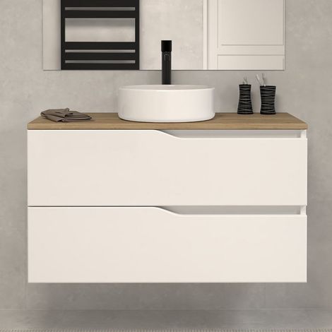 Meuble de salle de bain 100cm avec plateau miel et vasque à poser - sans miroir - 2 tiroirs - blanc - LUNA (1/5)
