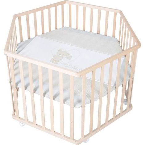 Sechseck Baby-Spielpark - ROBA - LIEBHABEAR - Höhenverstellbar - Abnehmbarer Boden - 6 Bremsräder - Naturholz - Bärchen-Muster