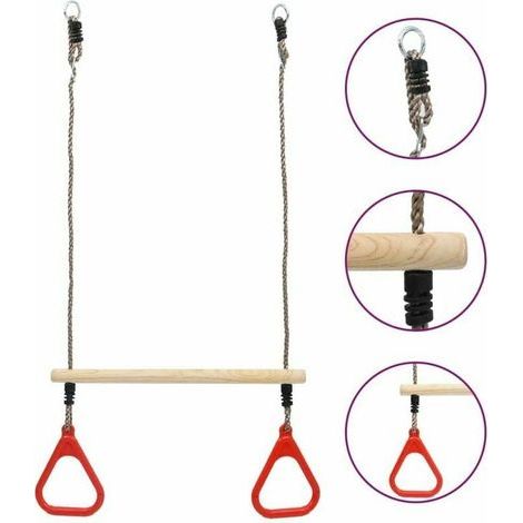 Ringschaukel – Horizontale Stange aus Kiefernholz und PE-Ringen – Für den Außenbereich – Maximale Belastung 50 kg – Höhe 110 cm – 1 Stück (1/5)