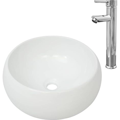 Lavabo da bagno diametro 40 cm con miscelatore tondo in ceramica bianca 020002841