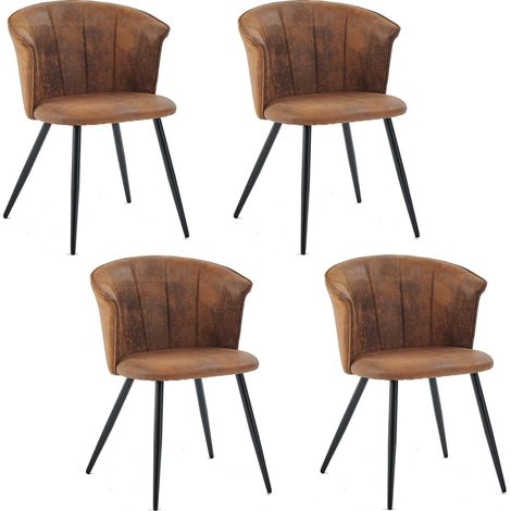 Lot de 4 Chaises de Salle à Manger Rétro Vintage Fauteuil Assise et Dossier Rembourrée en suédine Pieds en métal pour Cuisine Salon Chambre Bureau, Style Industriel, Marron, 55x58x75,5cm (1/5)