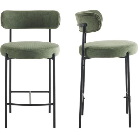 Homifab – Lot de 2 tabourets de bar en velours côtelé vert – Structure métal noir – Hauteur d'assise 67.5 cm – Garnissage mousse 28 kg/m³ (1/5)