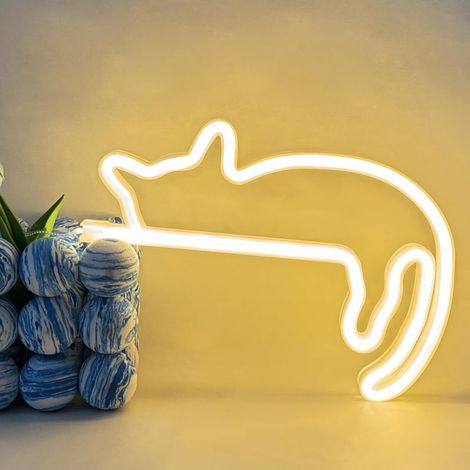 Letrero LED de gato, letrero de neón de gato, letrero de neón blanco cálido de animales, letrero de neón que funciona con USB o pilas, letrero luminoso para dormitorio, tienda, mesita de noche, sala d (1/5)