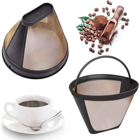 Set mit 2 wiederverwendbaren Kaffeefiltern, Permanentfilter, kompatibel mit den meisten Kaffeemaschinen, 100 Mesh, Edelstahl 304, mit Griff, 12 cm (gold)