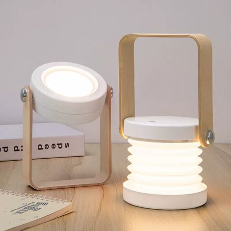 Lampe de chevet - Lampe de table pliante rechargeable USB - 3 niveaux de luminosité - Portable avec poignée bois - Usage intérieur et extérieur - 1 pièce