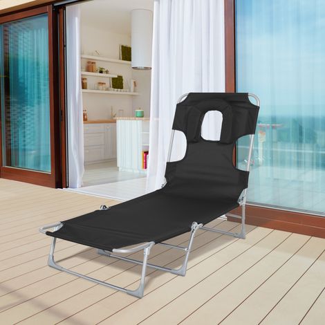 Lettino da giardino reclinabile e pieghevole Outsunny con foro per la lettura, poggiatesta e schienale regolabili in 5 posizioni per la spiaggia, 182x56x28 cm, nero